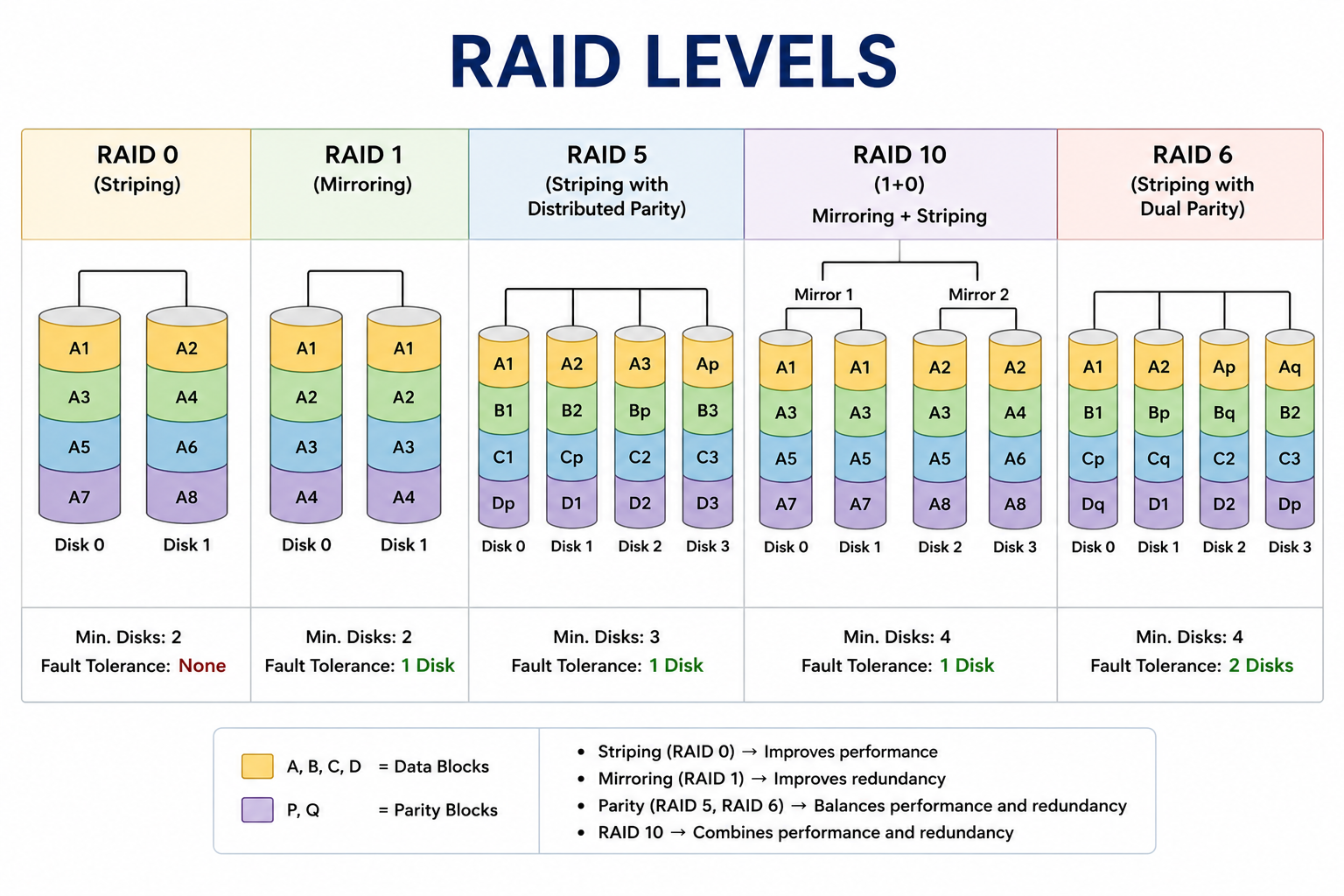 What does RAID mean in the context of operating systems? What are the different RAID levels? image 1